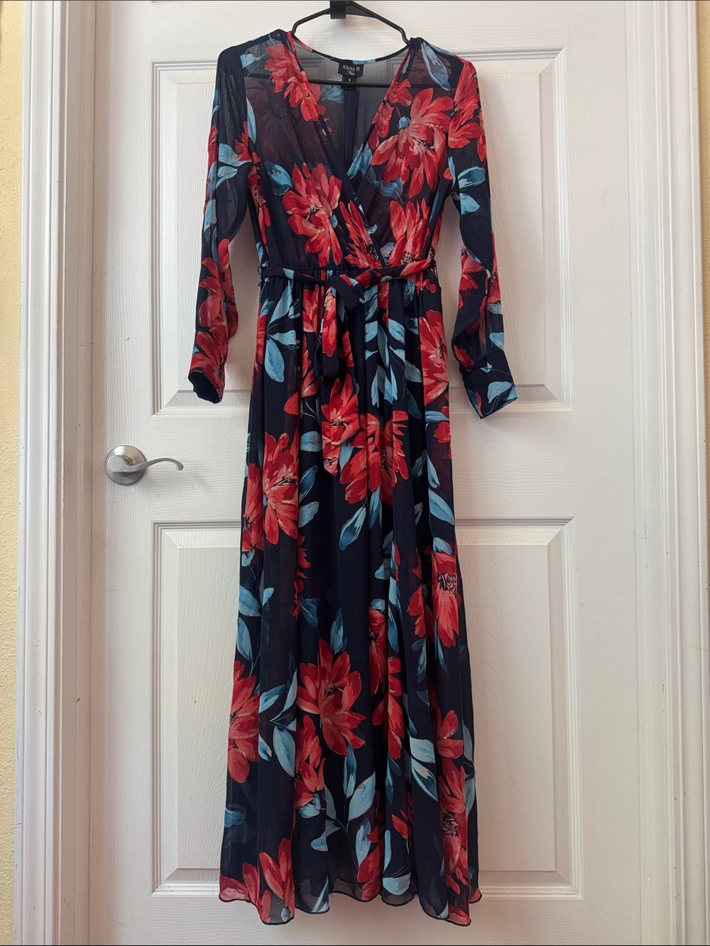 Alexa B Floral Wrap Maxi Dress in Navy with Red Blooms